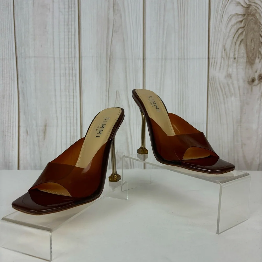 Simmi London Heels Patent Accent Heel Girlhoodcore Square Toe Clear Brown Size 4